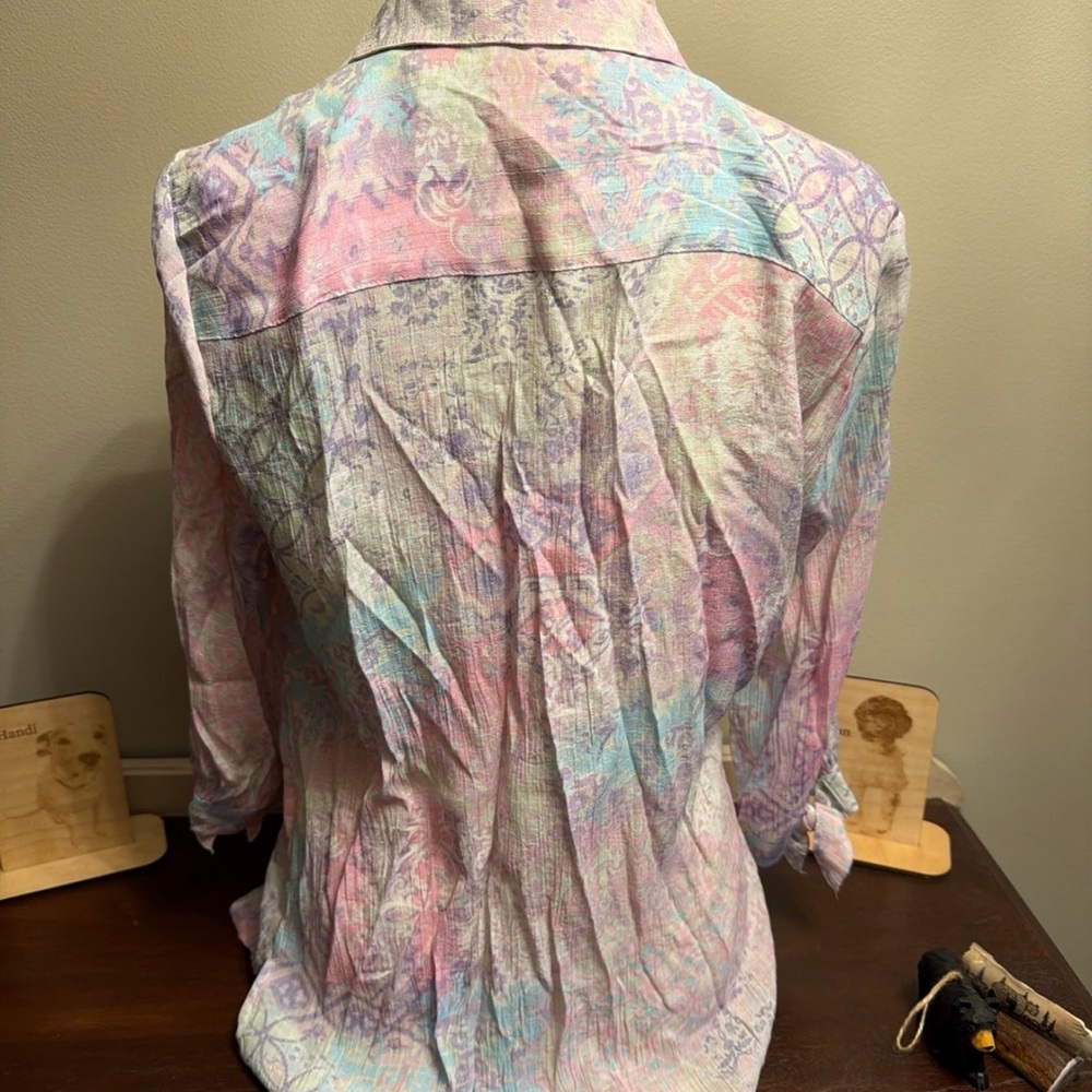 Ruby Rd. Pastel Pink & Aqua Patterned Button-Front Shirt - Picture 5 of 9